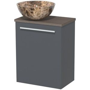 Toiletmeubel met waskom | 41 cm Donkergrijs Vlak front Dark emperador Natuursteen waskom Donkerbruin eiken blad