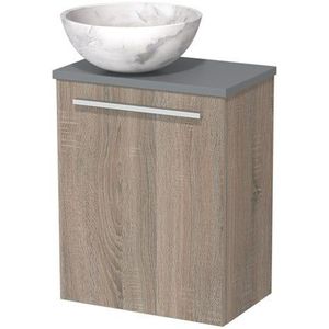 Toiletmeubel met waskom | 41 cm Eiken Vlak front Wit marmer Natuursteen waskom Middengrijs blad