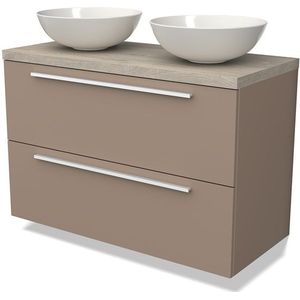 Modulo Plato Badkamermeubel voor waskom | 100 cm Taupe Vlak front Lichtgrijs eiken blad 2 lades onder elkaar