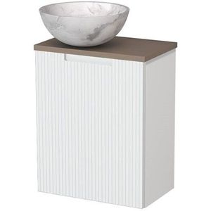 Toiletmeubel met waskom | 41 cm Mat wit Lijn front Wit marmer Natuursteen waskom Taupe blad