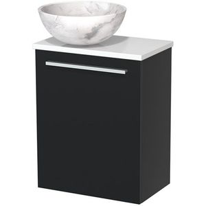 Toiletmeubel met waskom | 41 cm Mat zwart Vlak front Wit marmer Natuursteen waskom Hoogglans wit blad