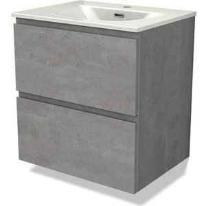 Modulo Badkamermeubel met wastafel | 60 cm Lichtgrijs beton Greeploos front Keramiek 2 lades onder elkaar
