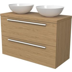 Modulo Plato Badkamermeubel voor waskom | 100 cm Naturel fineer Vlak front Naturel fineer blad 2 lades onder elkaar