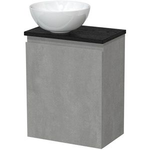 Toiletmeubel met waskom | 41 cm Lichtgrijs beton Greeploos front Hoogglans wit Keramiek waskom Zwart eiken blad