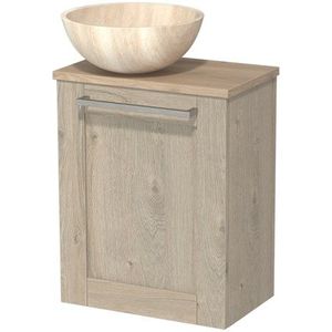 Toiletmeubel met waskom | 41 cm Lichtgrijs eiken Kader front Travertin Natuursteen waskom Lichtbruin eiken blad