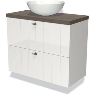 Modulo Plato Slim Badkamermeubel voor waskom | 80 cm Hoogglans wit Lamel front Donkerbruin eiken blad 2 lades onder elkaar