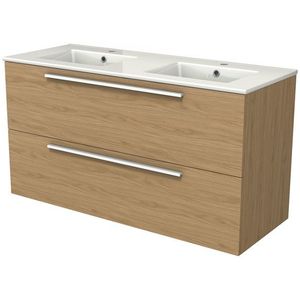 Modulo Badkamermeubel met wastafel | 120 cm Naturel fineer Vlak front Keramiek 2 lades onder elkaar