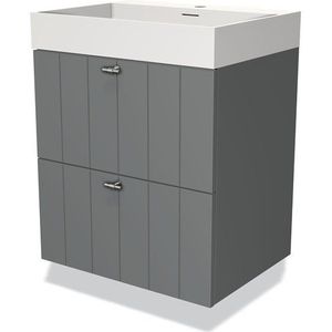 Modulo Badkamermeubel met wastafel | 60 cm Middengrijs Lamel front Solid surface 2 lades onder elkaar