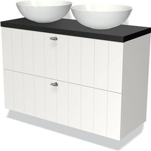 Modulo Plato Slim Badkamermeubel voor waskom | 100 cm Mat wit Lamel front Mat zwart blad 2 lades onder elkaar