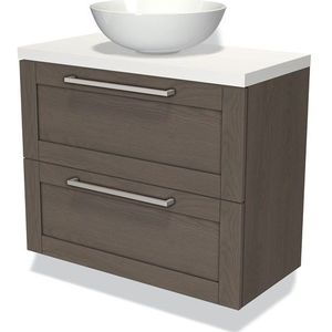 Modulo Plato Slim Badkamermeubel voor waskom | 80 cm Donkerbruin eiken Kader front Mat wit blad 2 lades onder elkaar