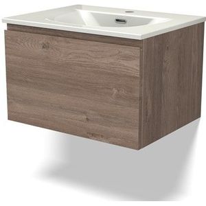 Modulo Badkamermeubel met wastafel | 60 cm Middenbruin eiken Greeploos front Keramiek 1 lade