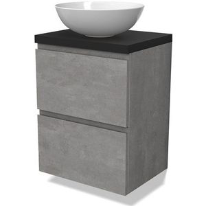 Modulo Plato Slim Badkamermeubel voor waskom | 50 cm Lichtgrijs beton Greeploos front Mat zwart blad 2 lades onder elkaar