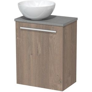 Toiletmeubel met waskom | 41 cm Middenbruin eiken Vlak front Hoogglans wit Keramiek waskom Lichtgrijs beton blad