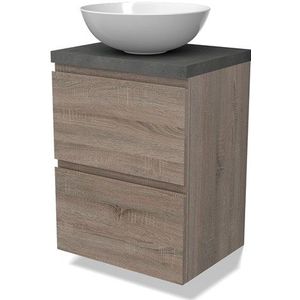 Modulo Plato Slim Badkamermeubel voor waskom | 50 cm Eiken Greeploos front Donkergrijs beton blad 2 lades onder elkaar