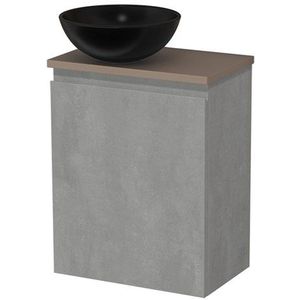 Toiletmeubel met waskom | 41 cm Lichtgrijs beton Greeploos front Mat zwart Keramiek waskom Taupe blad