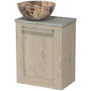 Toiletmeubel met waskom | 41 cm Lichtgrijs eiken Kader front Dark emperador Natuursteen waskom Grijs eiken blad