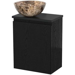 Toiletmeubel met waskom | 41 cm Zwart eiken Greeploos front Dark emperador Natuursteen waskom Mat zwart blad