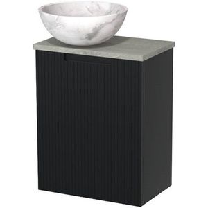 Toiletmeubel met waskom | 41 cm Mat zwart Lijn front Wit marmer Natuursteen waskom Grijs eiken blad