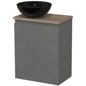 Toiletmeubel met waskom | 41 cm Donkergrijs beton Greeploos front Mat zwart Keramiek waskom Middenbruin eiken blad