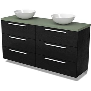 Modulo Plato Badkamermeubel voor waskom | 160 cm Zwart eiken Vlak front Saliegroen blad 6 lades