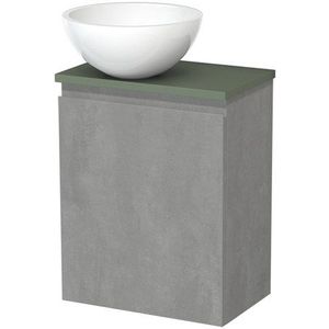 Toiletmeubel met waskom | 41 cm Lichtgrijs beton Greeploos front Hoogglans wit Mineraalmarmer waskom Saliegroen blad