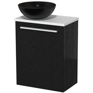 Toiletmeubel met waskom | 41 cm Zwart eiken Vlak front Mat zwart Keramiek waskom Mat wit blad