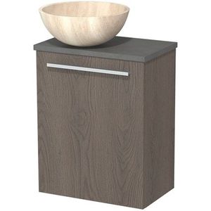 Toiletmeubel met waskom | 41 cm Donkerbruin eiken Vlak front Travertin Natuursteen waskom Donkergrijs beton blad