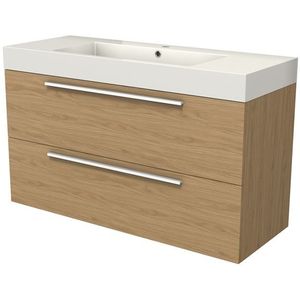 Modulo Badkamermeubel met wastafel | 120 cm Naturel fineer Vlak front Mineraalmarmer 2 lades onder elkaar