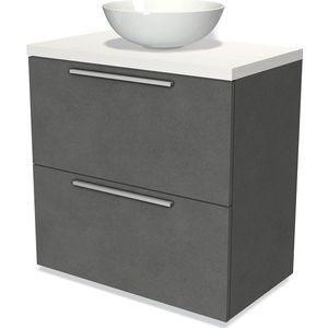 Modulo Plato Badkamermeubel voor waskom | 80 cm Donkergrijs beton Vlak front Mat wit blad 2 hoge lades onder elkaar
