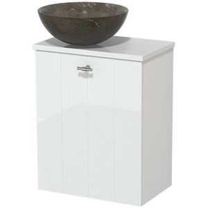 Toiletmeubel met waskom | 41 cm Hoogglans wit Lamel front Blue stone Natuursteen waskom Hoogglans wit blad