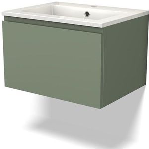 Modulo Badkamermeubel met wastafel | 60 cm Saliegroen Greeploos front Mineraalmarmer 1 lade