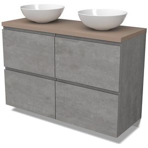 Modulo Plato Badkamermeubel voor waskom | 120 cm Lichtgrijs beton Greeploos front Taupe blad 4 hoge lades