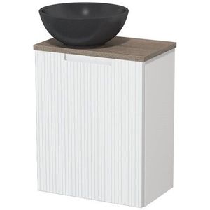 Toiletmeubel met waskom | 41 cm Mat wit Lijn front Mat zwart Quartz waskom Eiken blad