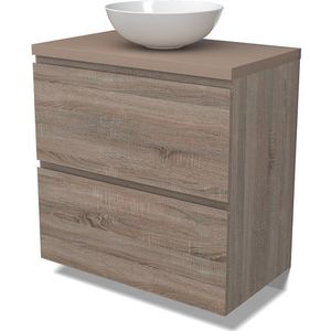 Modulo Plato Badkamermeubel voor waskom | 80 cm Eiken Greeploos front Taupe blad 2 hoge lades onder elkaar