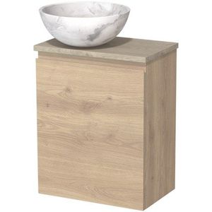 Toiletmeubel met waskom | 41 cm Lichtbruin eiken Greeploos front Wit marmer Natuursteen waskom Lichtgrijs eiken blad