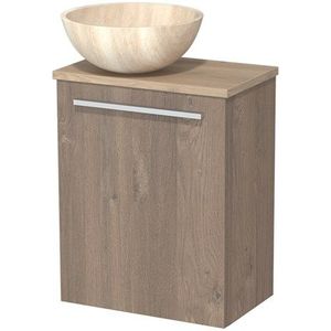 Toiletmeubel met waskom | 41 cm Middenbruin eiken Vlak front Travertin Natuursteen waskom Lichtbruin eiken blad