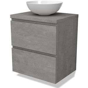 Modulo Plato Badkamermeubel voor waskom | 60 cm Lichtgrijs beton Greeploos front Lichtgrijs beton blad 2 lades onder elkaar