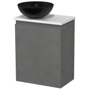Toiletmeubel met waskom | 41 cm Donkergrijs beton Greeploos front Mat zwart Keramiek waskom Hoogglans wit blad