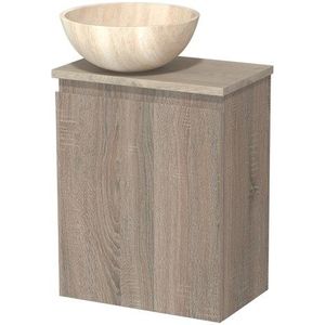 Toiletmeubel met waskom | 41 cm Eiken Greeploos front Travertin Natuursteen waskom Lichtgrijs eiken blad