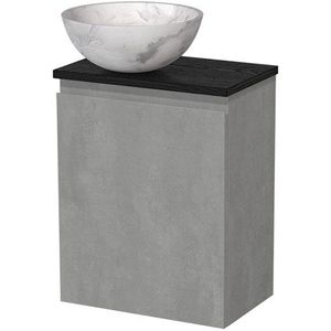 Toiletmeubel met waskom | 41 cm Lichtgrijs beton Greeploos front Wit marmer Natuursteen waskom Zwart eiken blad