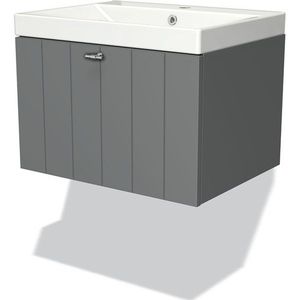 Modulo Badkamermeubel met wastafel | 60 cm Middengrijs Lamel front Keramiek 1 lade