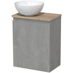 Toiletmeubel met waskom | 41 cm Lichtgrijs beton Greeploos front Hoogglans wit Keramiek waskom Lichtbruin eiken blad