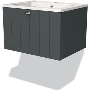 Modulo Badkamermeubel met wastafel | 60 cm Donkergrijs Lamel front Mineraalmarmer 1 lade