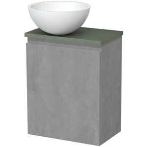 Toiletmeubel met waskom | 41 cm Lichtgrijs beton Greeploos front Mat wit Solid surface waskom Saliegroen blad