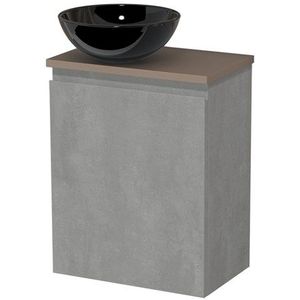 Toiletmeubel met waskom | 41 cm Lichtgrijs beton Greeploos front Hoogglans zwart Keramiek waskom Taupe blad
