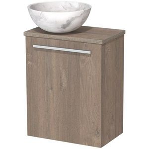 Toiletmeubel met waskom | 41 cm Middenbruin eiken Vlak front Wit marmer Natuursteen waskom Eiken blad