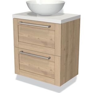 Modulo Plato Slim Badkamermeubel voor waskom | 60 cm Lichtbruin eiken Kader front Hoogglans wit blad 2 lades onder elkaar