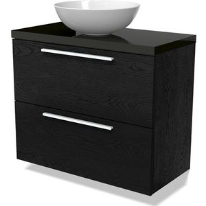 Modulo Plato Slim Badkamermeubel voor waskom | 80 cm Zwart eiken Vlak front Hoogglans zwart blad 2 lades onder elkaar