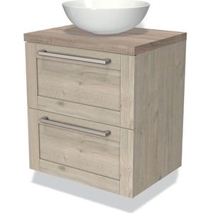 Modulo Plato Badkamermeubel voor waskom | 60 cm Lichtgrijs eiken Kader front Eiken blad 2 lades onder elkaar