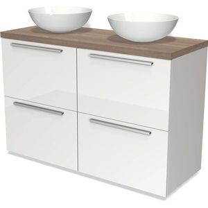 Modulo Plato Badkamermeubel voor waskom | 120 cm Hoogglans wit Vlak front Middenbruin eiken blad 4 hoge lades